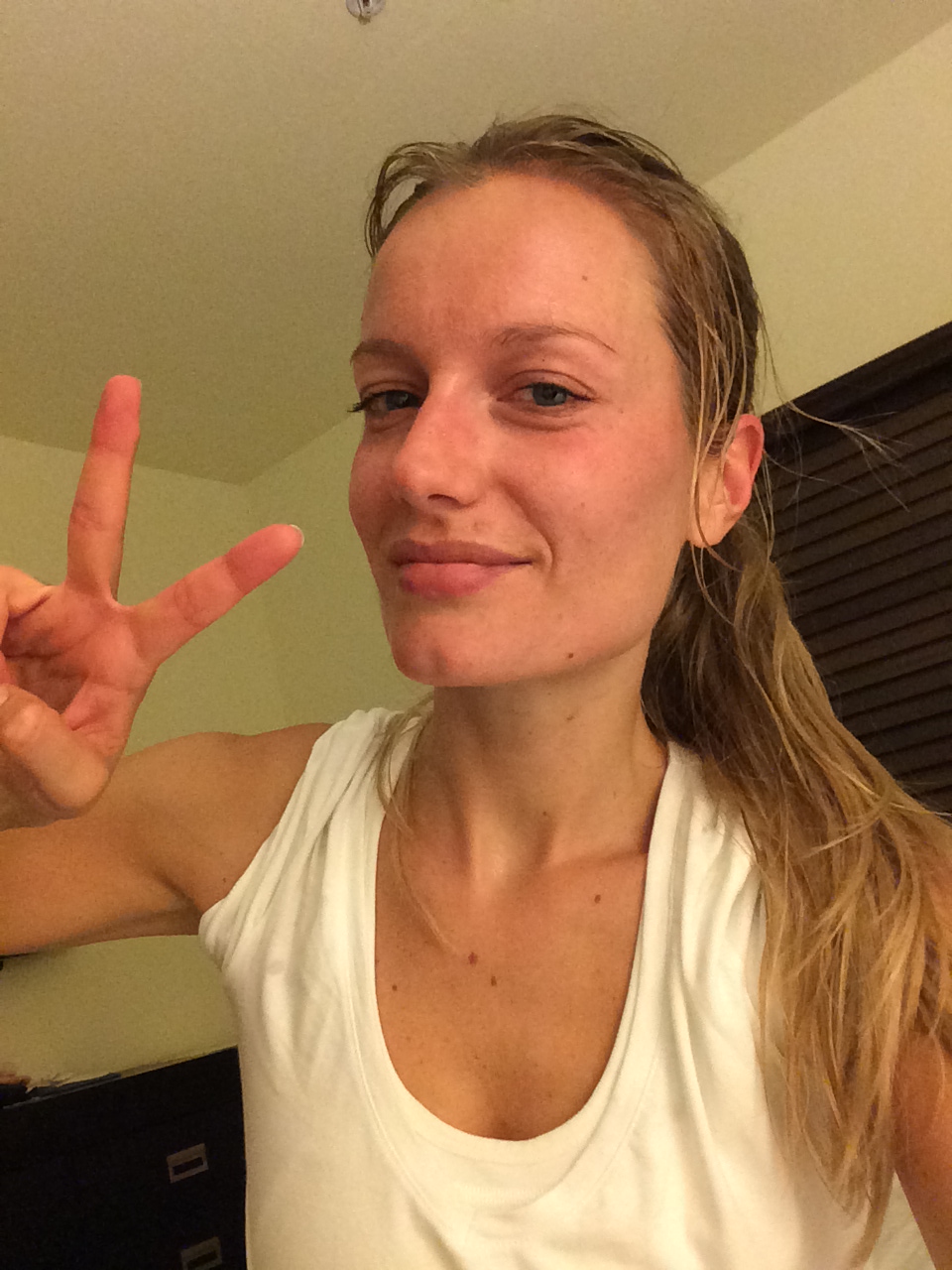 "...post-workout selfie!! The same as on set lol!!"